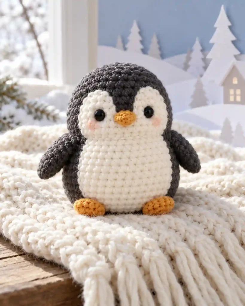 Finished mini penguin crochet amigurumi showing its distinct shape and no-sew integrated details in a clean craft setting.