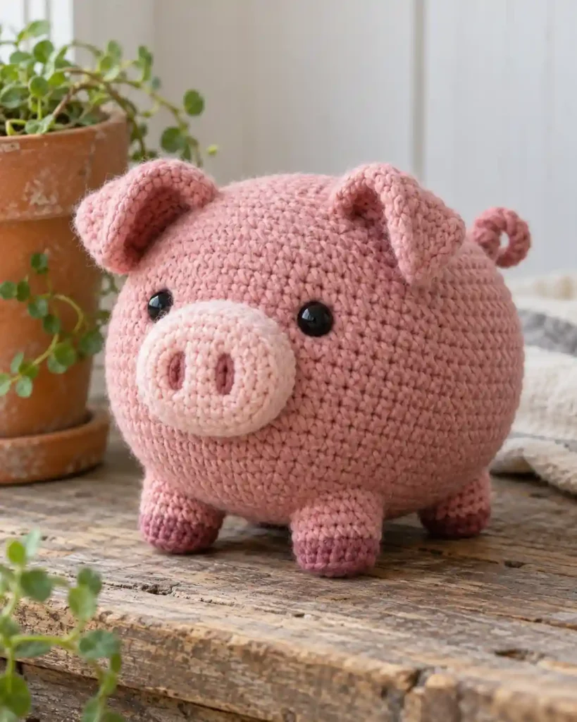 Finished round pig crochet amigurumi showing its distinct shape and no-sew integrated details in a clean craft setting.