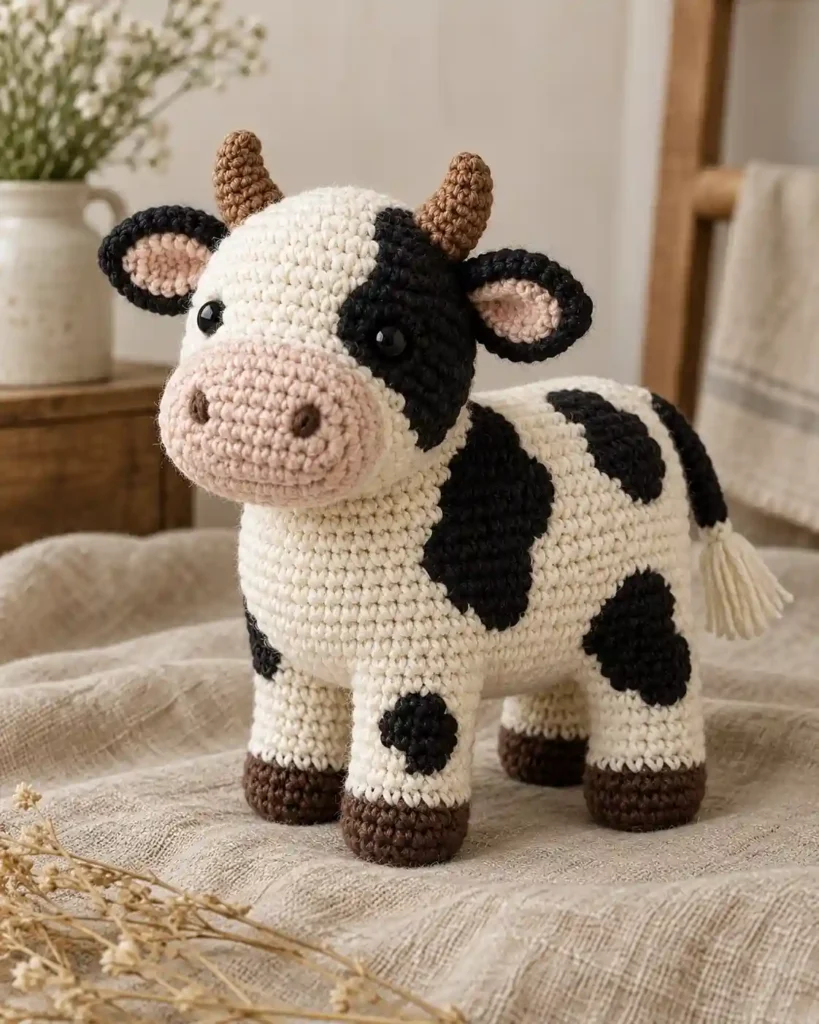 Finished chubby cow crochet amigurumi showing its distinct shape and no-sew integrated details in a clean craft setting.