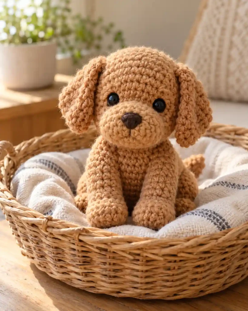 Finished mini puppy crochet amigurumi showing its distinct shape and no-sew integrated details in a clean craft setting.