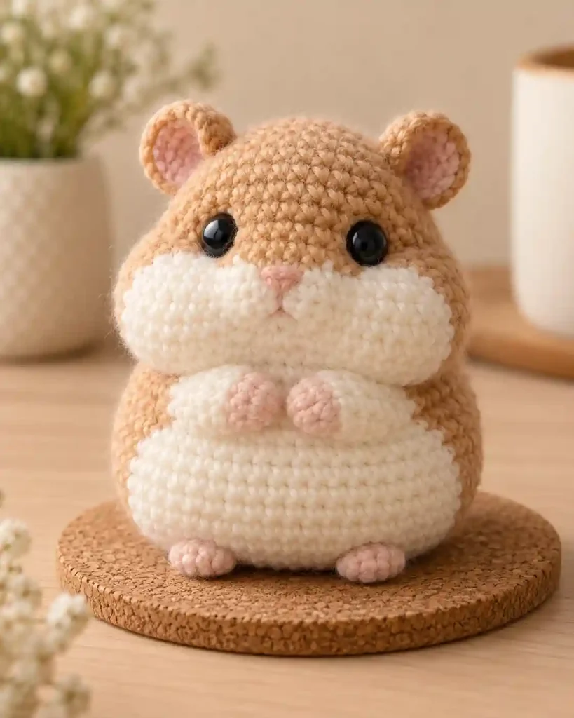Finished pocket hamster crochet amigurumi showing its distinct shape and no-sew integrated details in a clean craft setting.