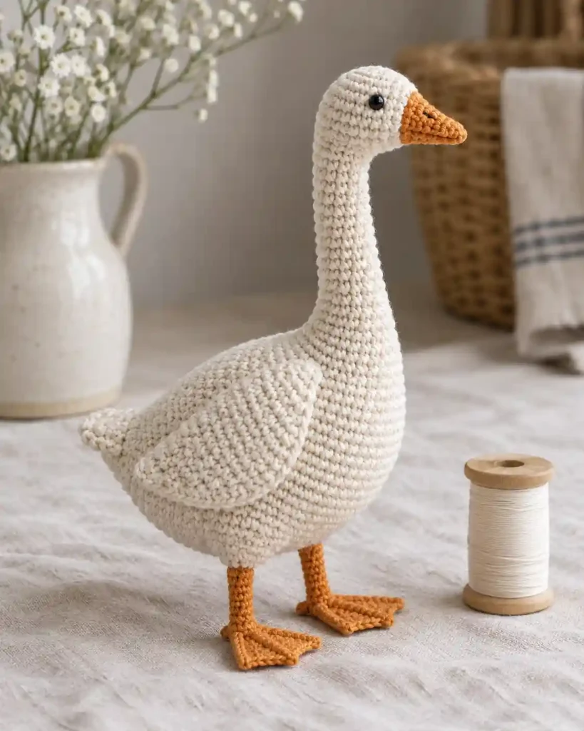 Finished micro goose crochet amigurumi showing its distinct shape and no-sew integrated details in a clean craft setting.