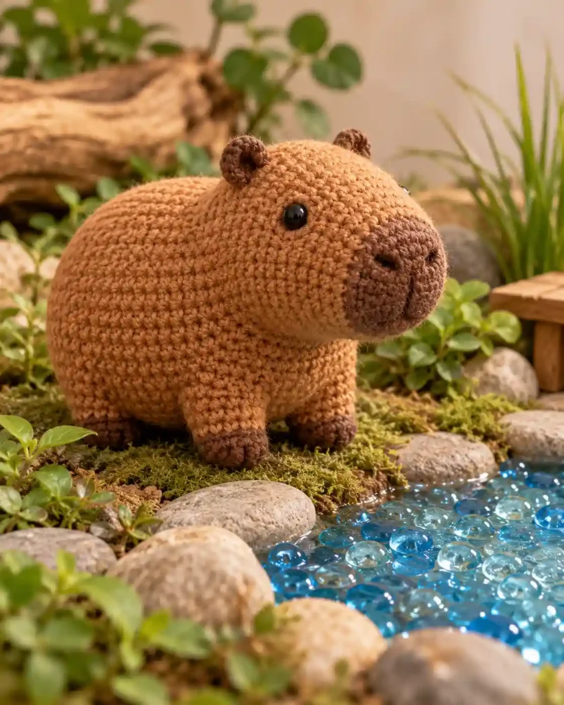 Finished pocket capybara crochet amigurumi showing its distinct shape and no-sew integrated details in a clean craft setting.