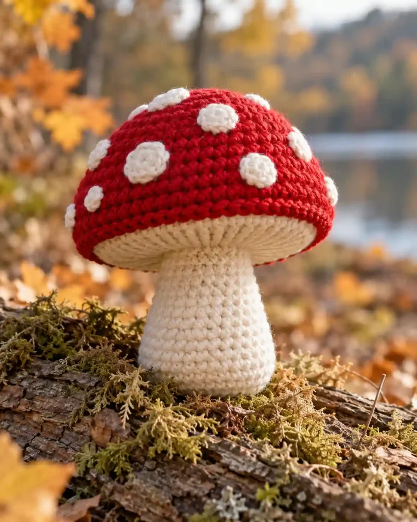 Finished cottagecore mushroom crochet amigurumi showing its distinct shape and no-sew integrated details in a clean craft setting.