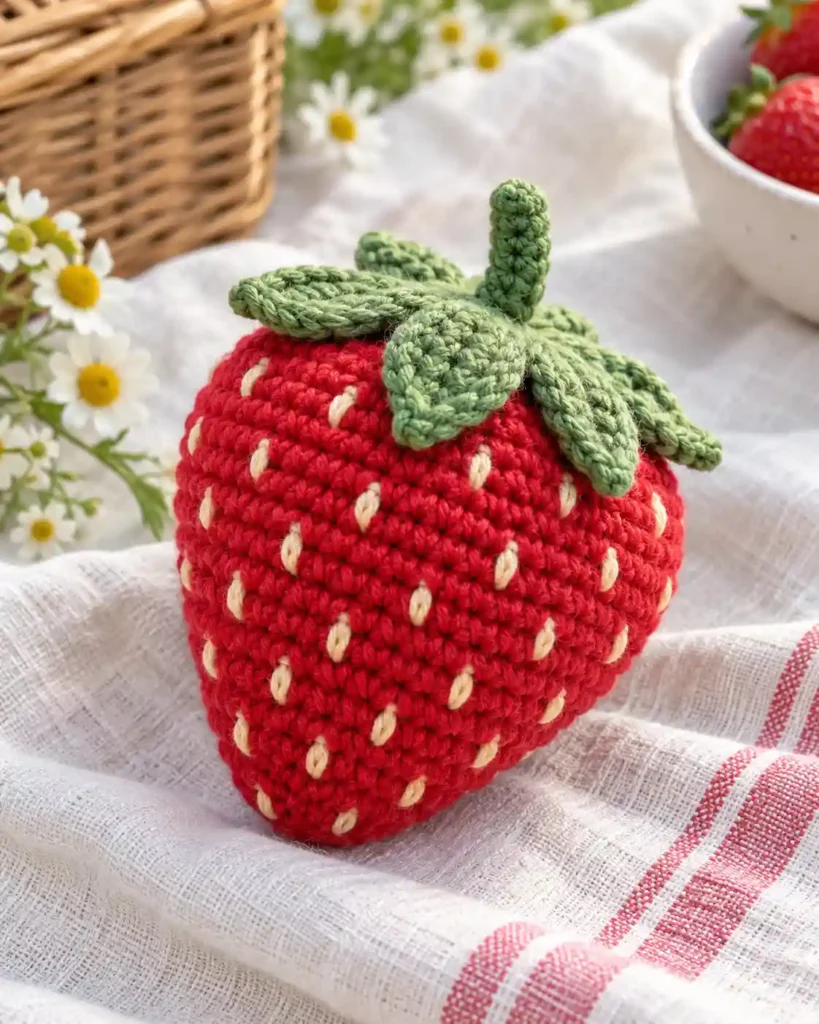 Finished strawberry plushie crochet amigurumi showing its distinct shape and no-sew integrated details in a clean craft setting.
