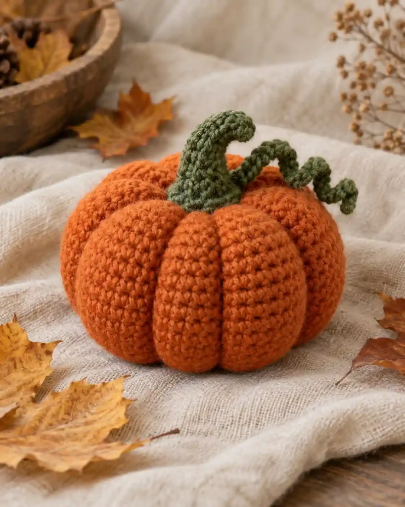 Finished tiny pumpkin crochet amigurumi showing its distinct shape and no-sew integrated details in a clean craft setting.