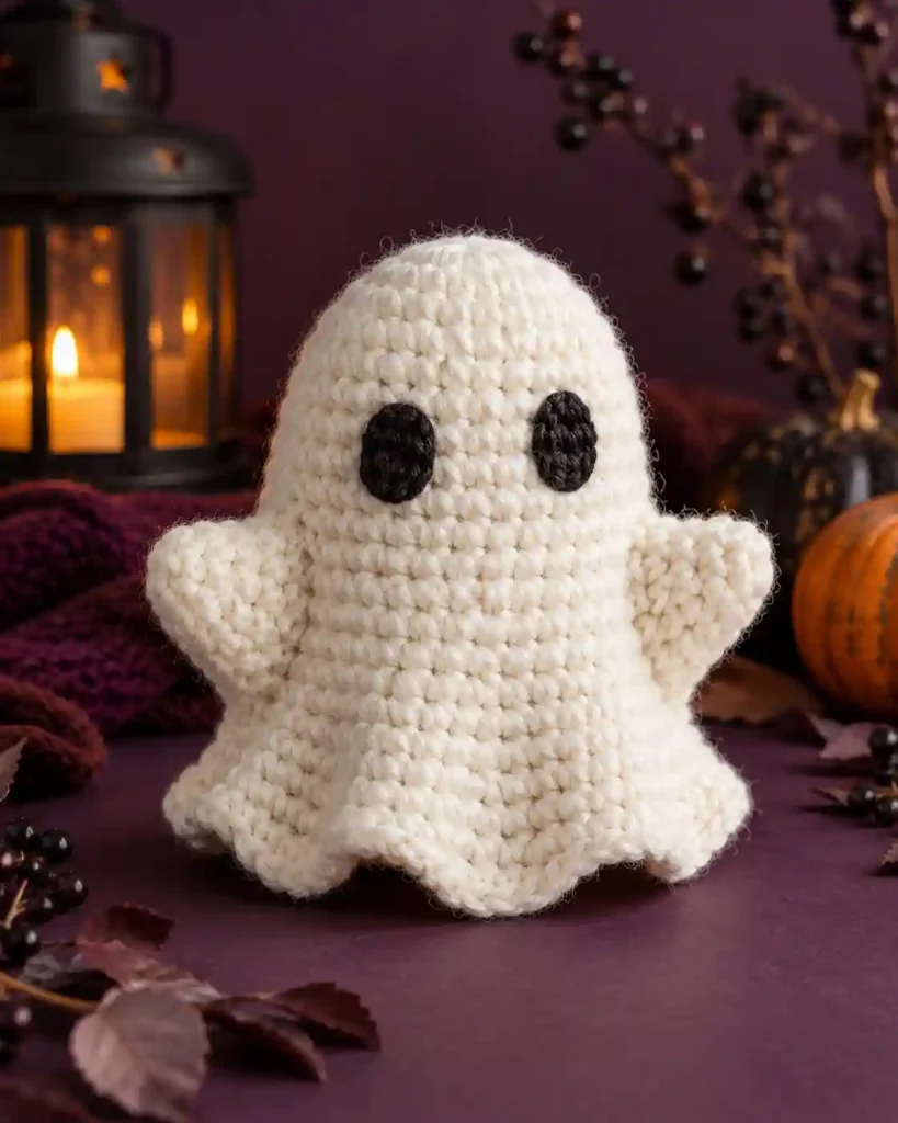 Finished pocket ghost crochet amigurumi showing its distinct shape and no-sew integrated details in a clean craft setting.