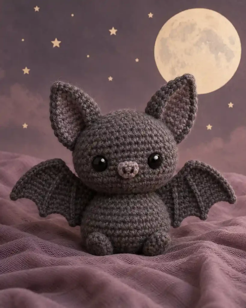 Finished mini bat crochet amigurumi showing its distinct shape and no-sew integrated details in a clean craft setting.