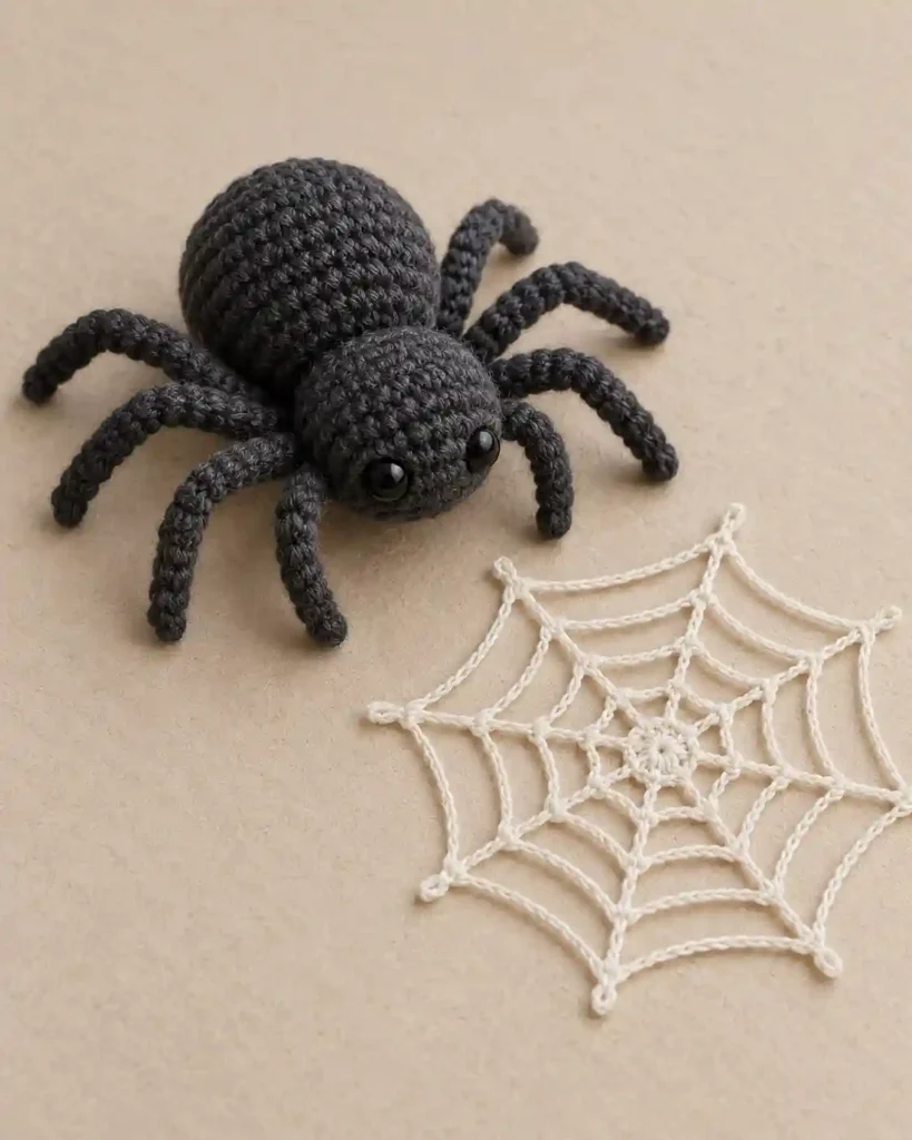 Finished little spider crochet amigurumi showing its distinct shape and no-sew integrated details in a clean craft setting.