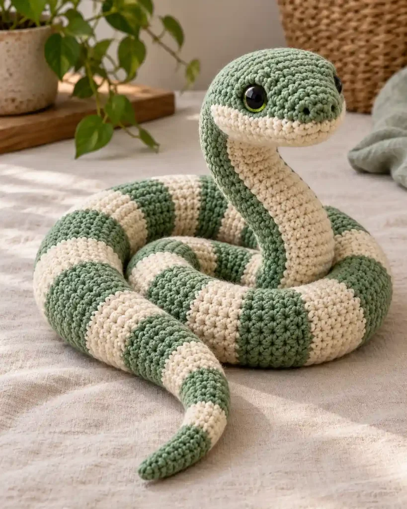 Finished coiled snake crochet amigurumi showing its distinct shape and no-sew integrated details in a clean craft setting.