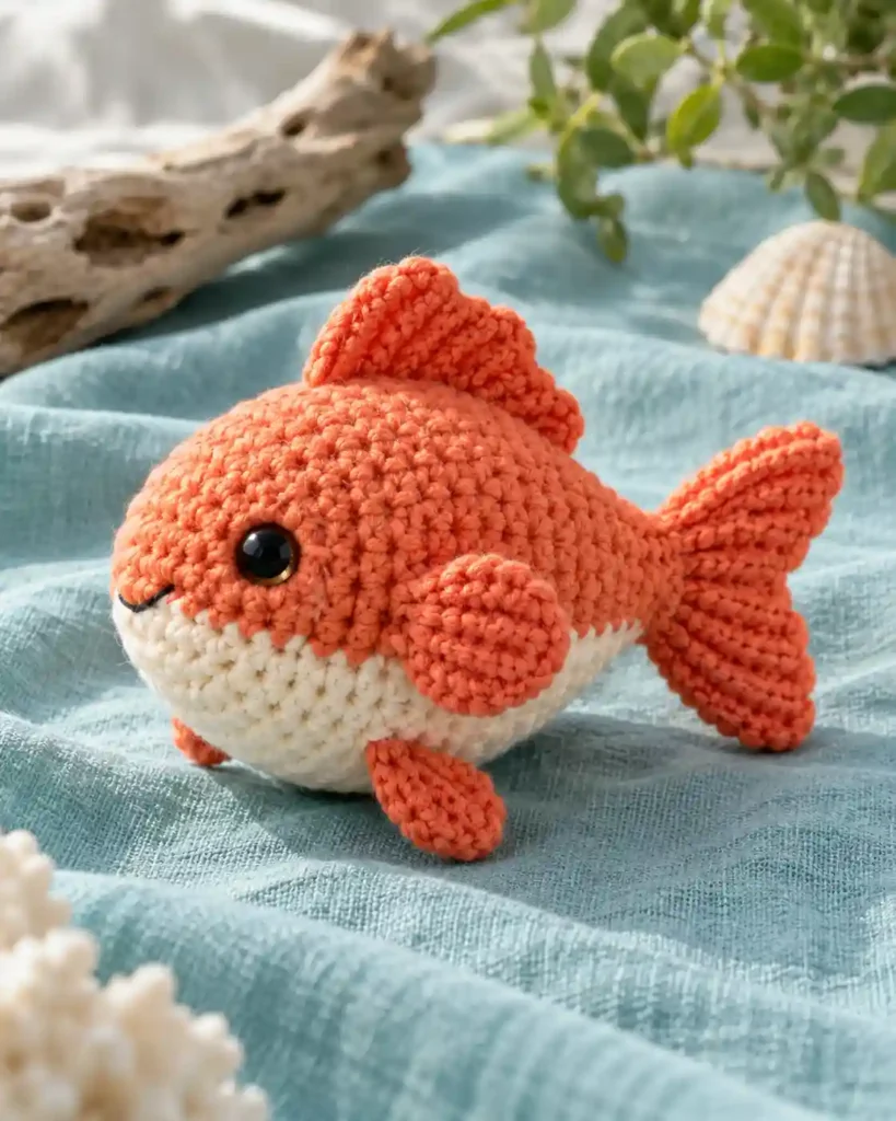 Finished little fish crochet amigurumi showing its distinct shape and no-sew integrated details in a clean craft setting.