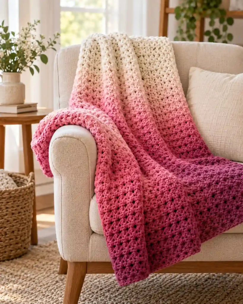 Finished beginner ombre crochet blanket with realistic crochet stitch details and smooth color gradation.