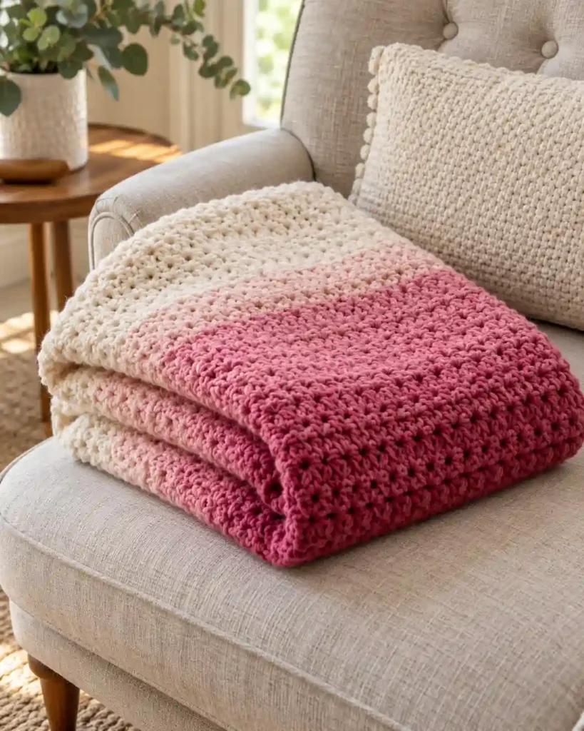 Finished free ombre crochet blanket pattern with realistic crochet stitch details and smooth color gradation.