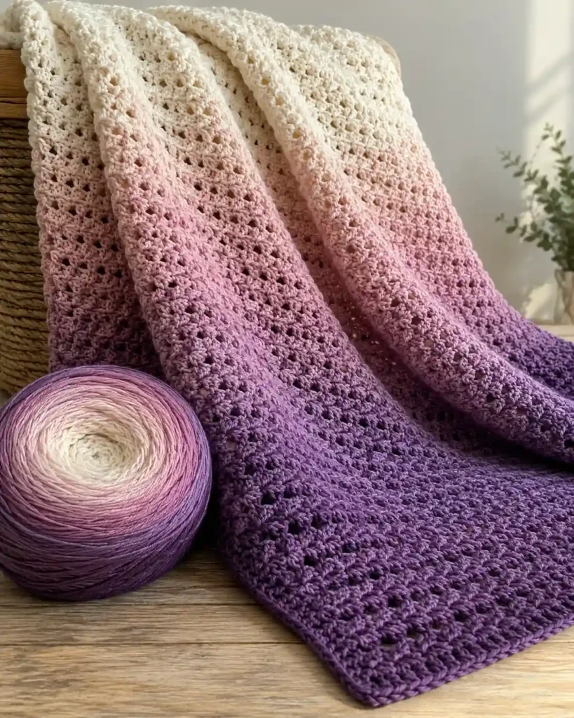 Finished ombre yarn crochet blanket with realistic crochet stitch details and smooth color gradation.