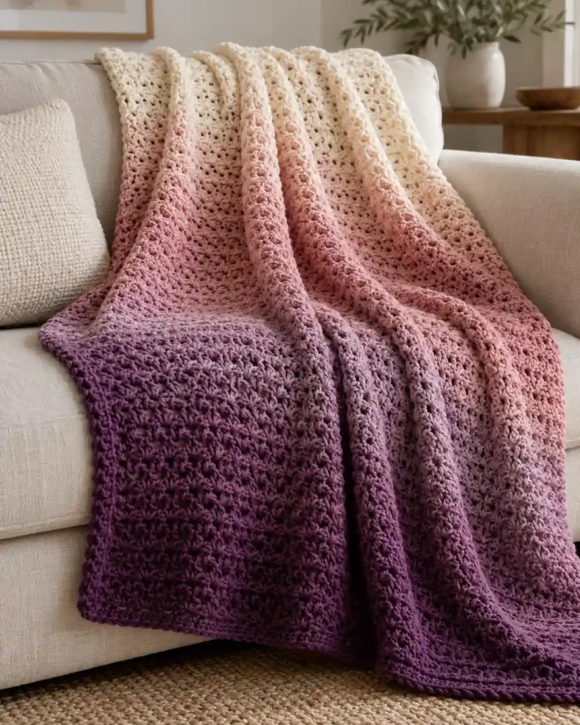 Finished modern ombre throw blanket with realistic crochet stitch details and smooth color gradation.