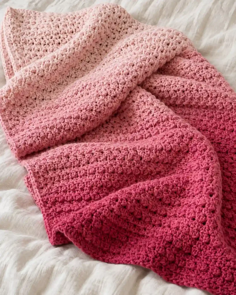 Finished pink ombre crochet blanket with realistic crochet stitch details and smooth color gradation.