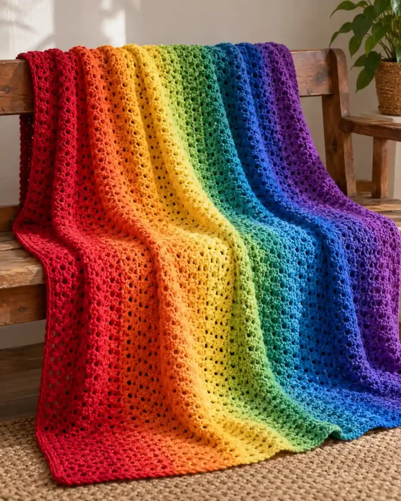 Finished rainbow ombre crochet blanket with realistic crochet stitch details and smooth color gradation.