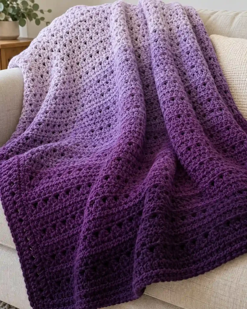 Finished purple ombre crochet blanket with realistic crochet stitch details and smooth color gradation.
