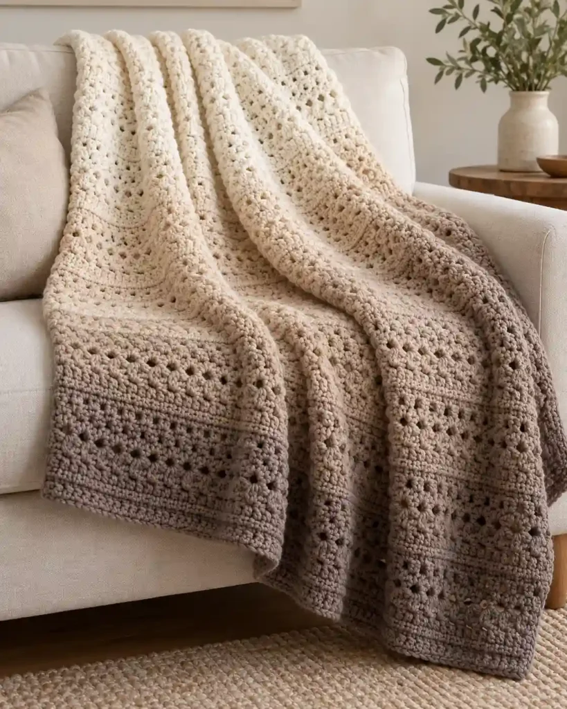 Finished neutral ombre crochet blanket with realistic crochet stitch details and smooth color gradation.