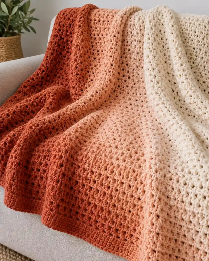 Finished three-color ombre blanket with realistic crochet stitch details and smooth color gradation.