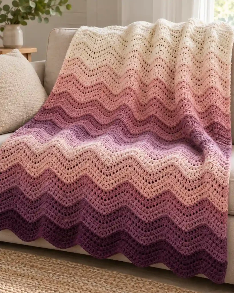 Finished two-color ombre blanket with realistic crochet stitch details and smooth color gradation.
