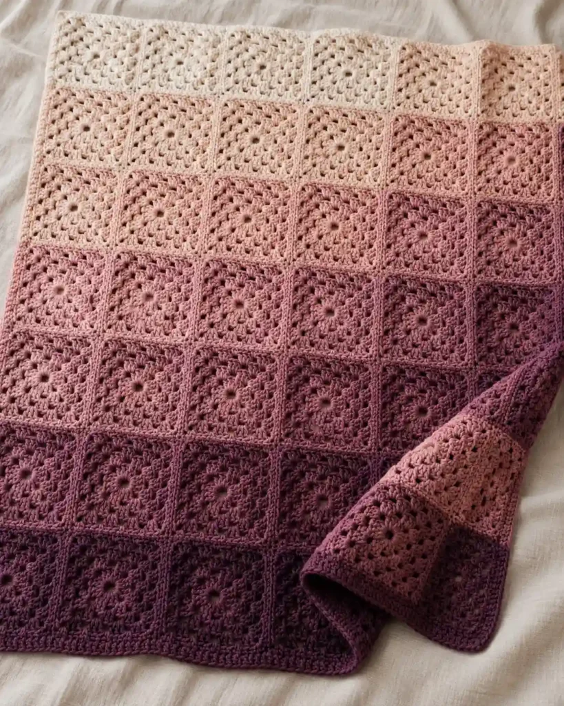 Finished ombre granny square blanket with realistic crochet stitch details and smooth color gradation.