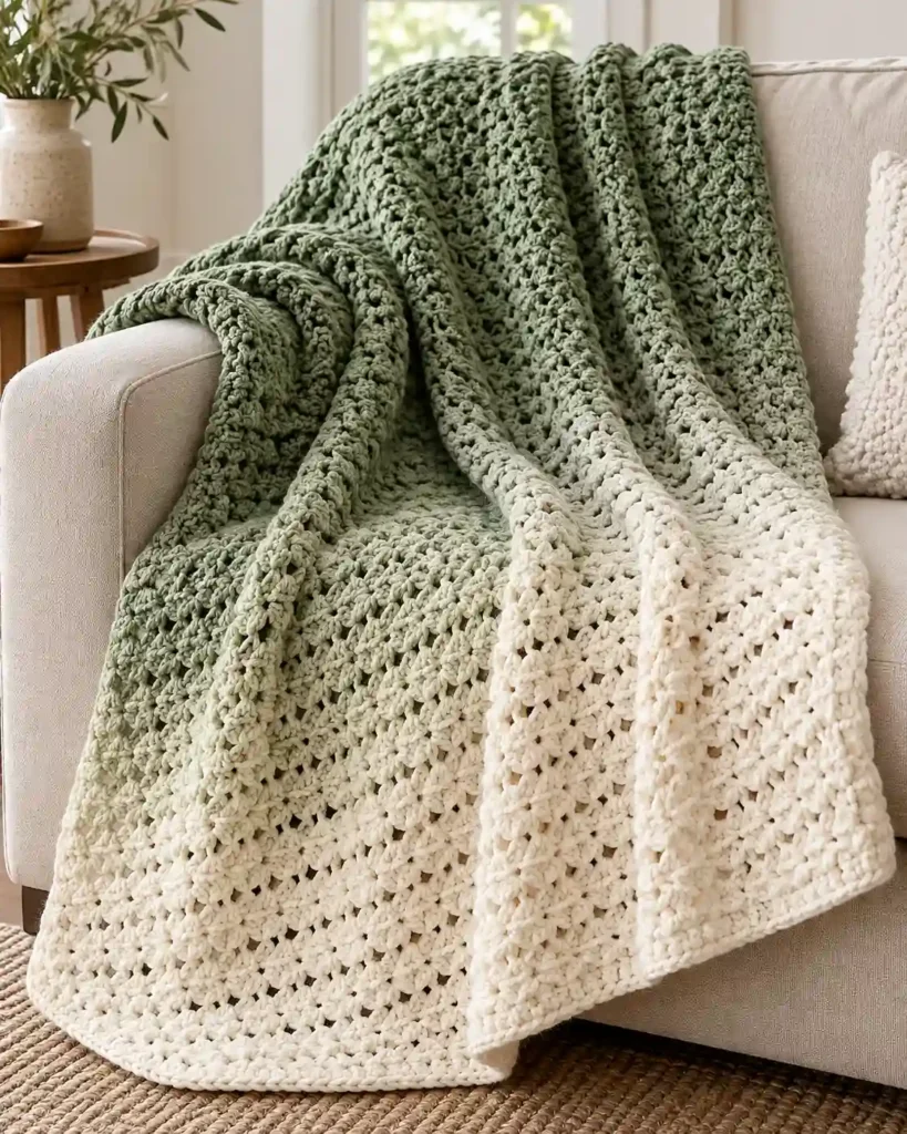 Finished ombre ripple crochet blanket with realistic crochet stitch details and smooth color gradation.