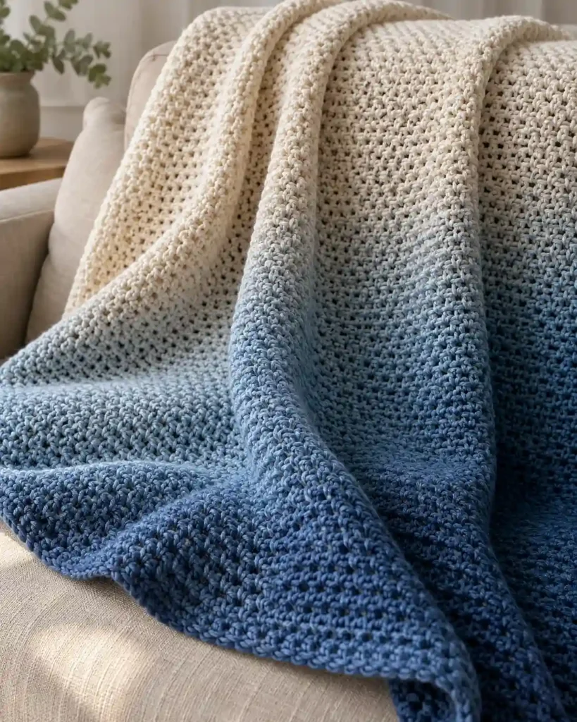 Finished ombre chevron crochet blanket with realistic crochet stitch details and smooth color gradation.