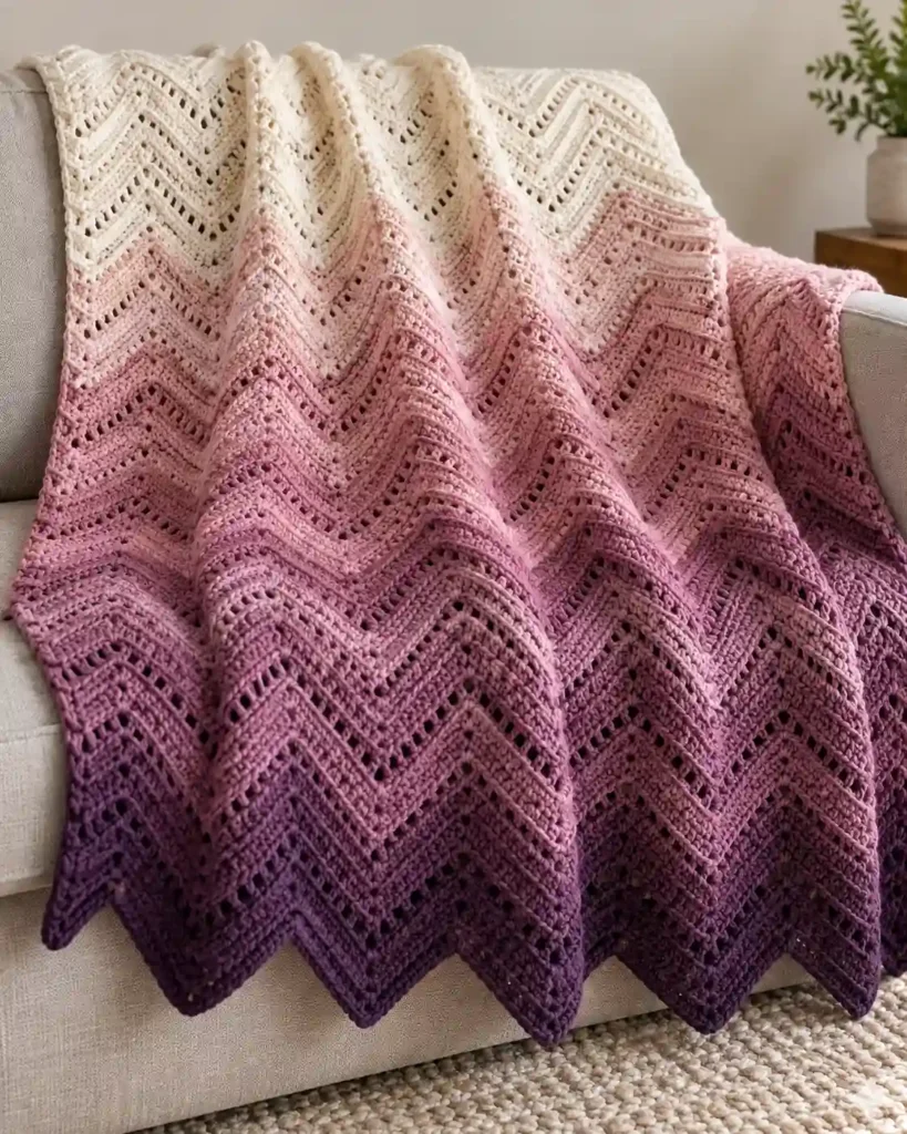Finished ombre moss stitch blanket with realistic crochet stitch details and smooth color gradation.