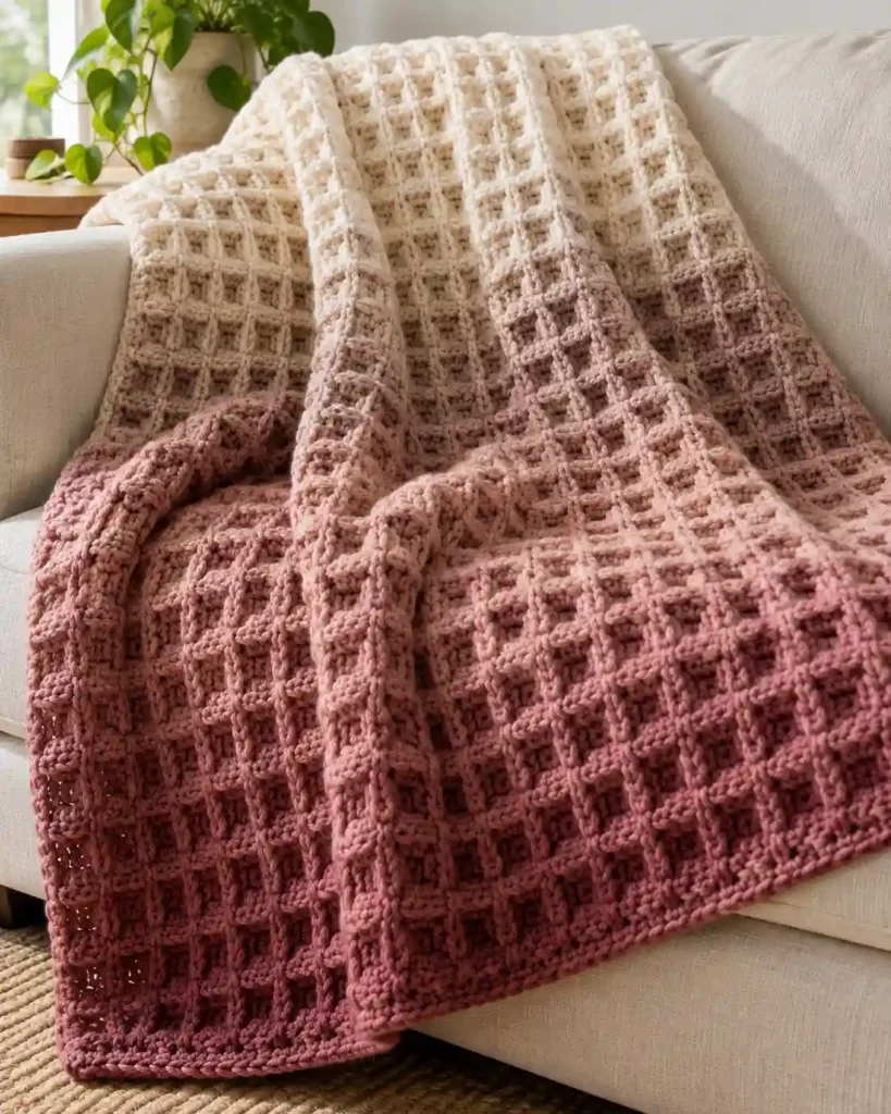 Finished ombre waffle stitch blanket with realistic crochet stitch details and smooth color gradation.