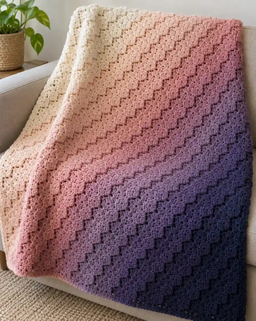 Finished ombre c2c crochet blanket with realistic crochet stitch details and smooth color gradation.