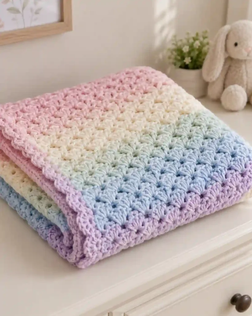 Finished ombre baby crochet blanket with realistic crochet stitch details and smooth color gradation.