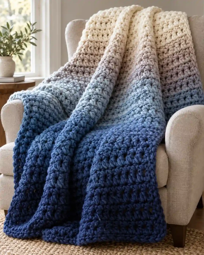 Finished chunky ombre crochet blanket with realistic crochet stitch details and smooth color gradation.