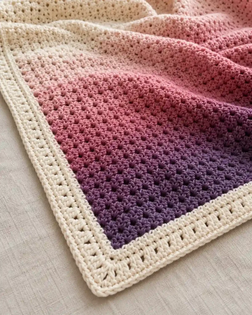 Finished ombre crochet blanket border with realistic crochet stitch details and smooth color gradation.