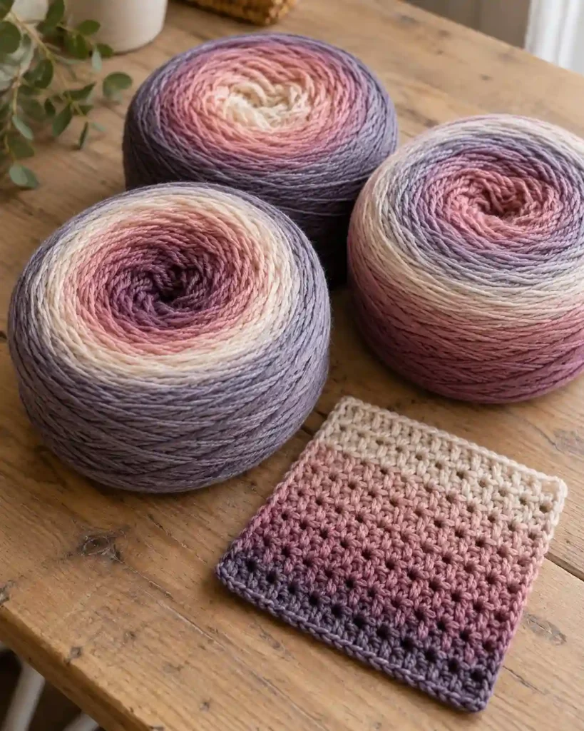 Finished ombre blanket yarn selection with realistic crochet stitch details and smooth color gradation.