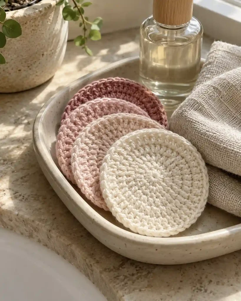 Stack of pastel cotton crochet face scrubbies beside a linen washcloth and unlabeled skincare bottle.