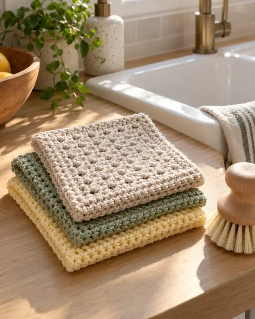 Three textured crochet dishcloths in oatmeal, sage, and yellow stacked by a kitchen sink.
