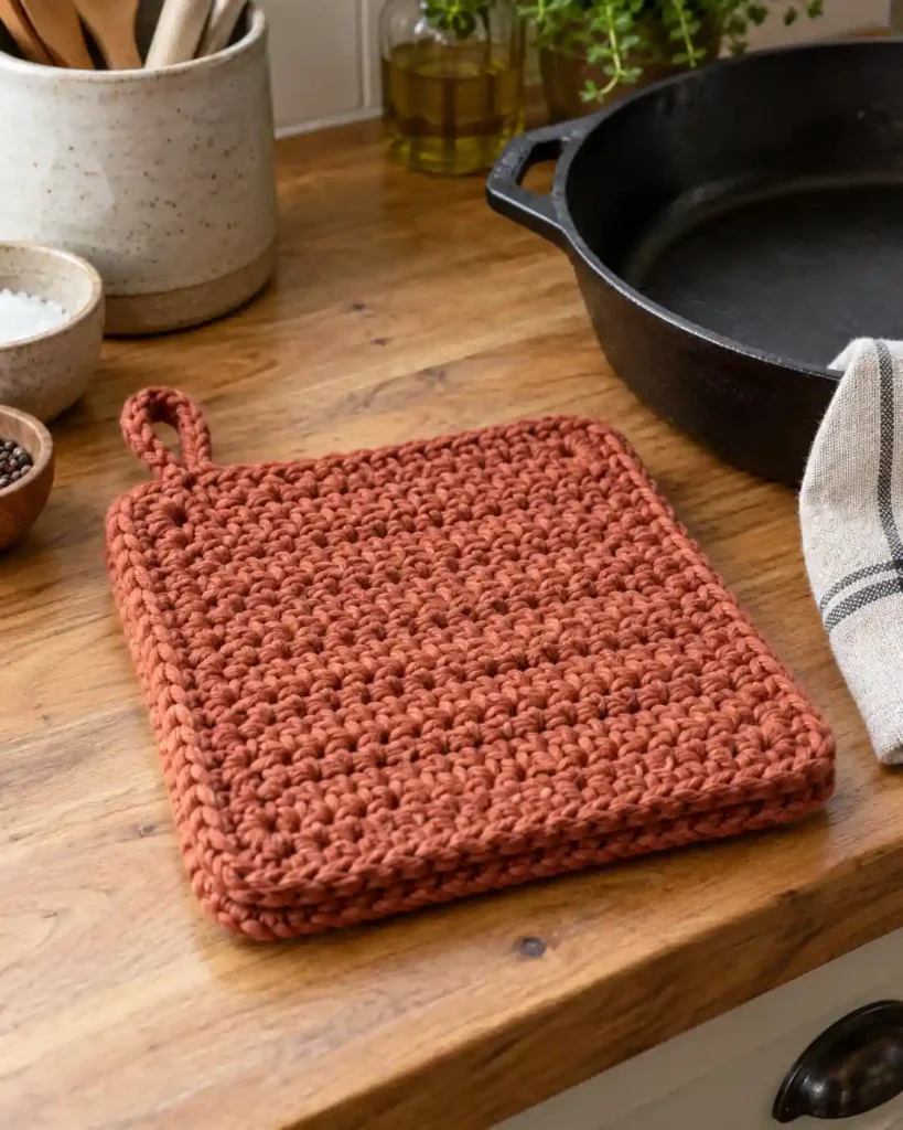 Double-thick terracotta crochet potholder with a hanging loop on a wooden kitchen countertop.