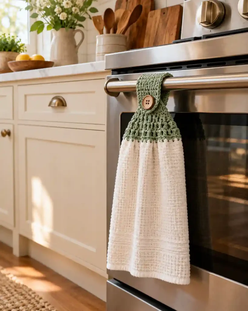 White kitchen towel hanging from an oven handle by a sage crochet topper and wooden button.