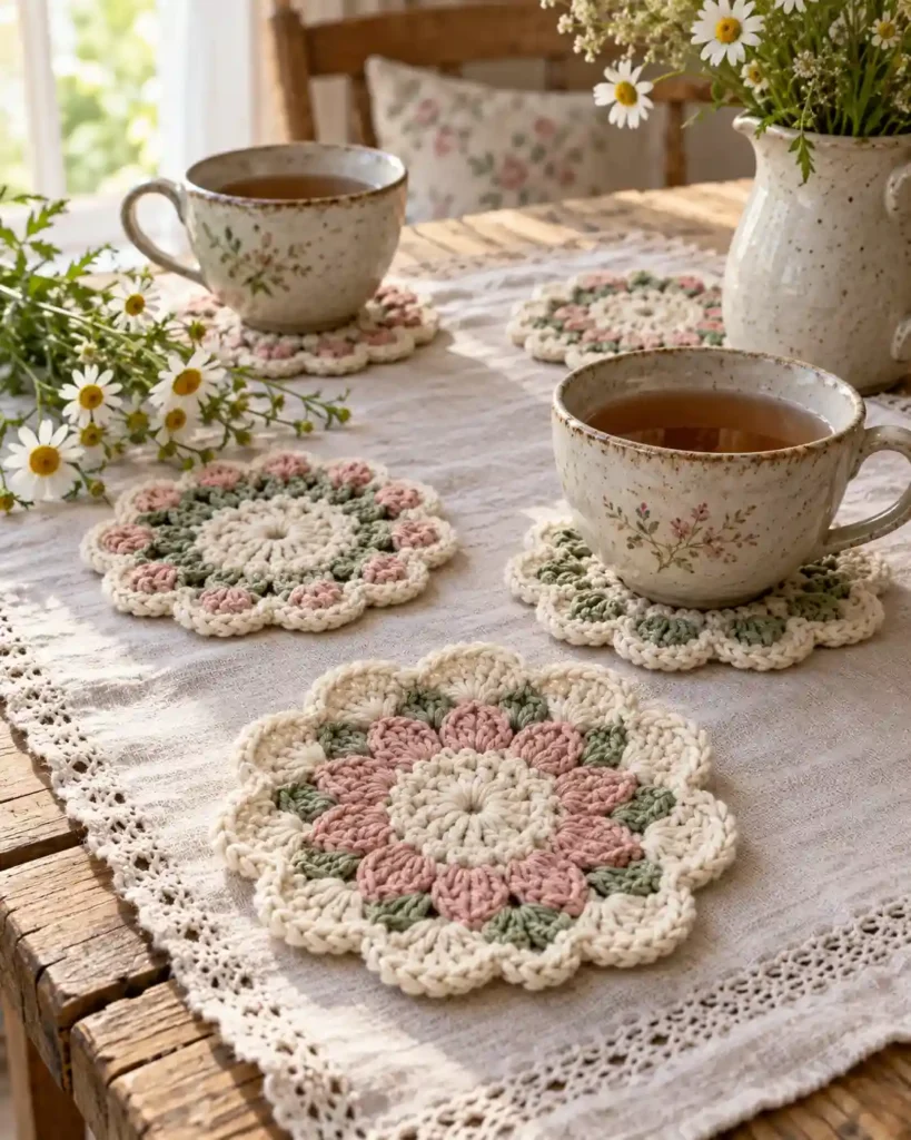 Floral cream, blush, and sage crochet coasters arranged with ceramic tea cups on linen.
