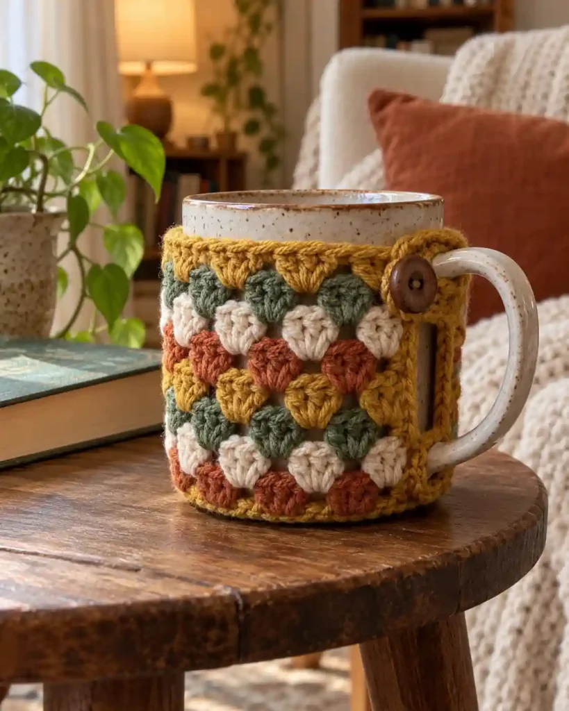 Stoneware coffee mug wrapped in a multicolor granny-stitch crochet cozy with button closure.
