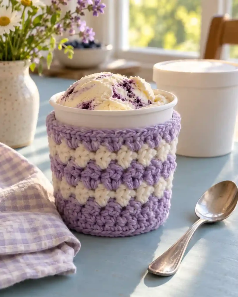 Lavender crochet ice cream pint cozy wrapped around a plain carton beside a dessert spoon.