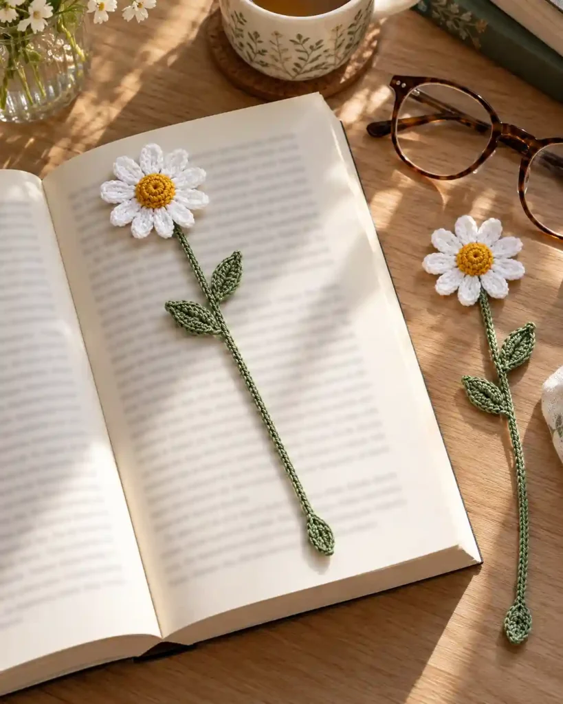 White daisy crochet bookmark with yellow center and green stem resting across an open book.