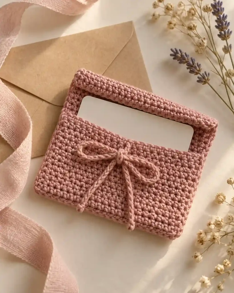 Dusty rose crochet gift card pouch with a blank card peeking out next to kraft wrapping.