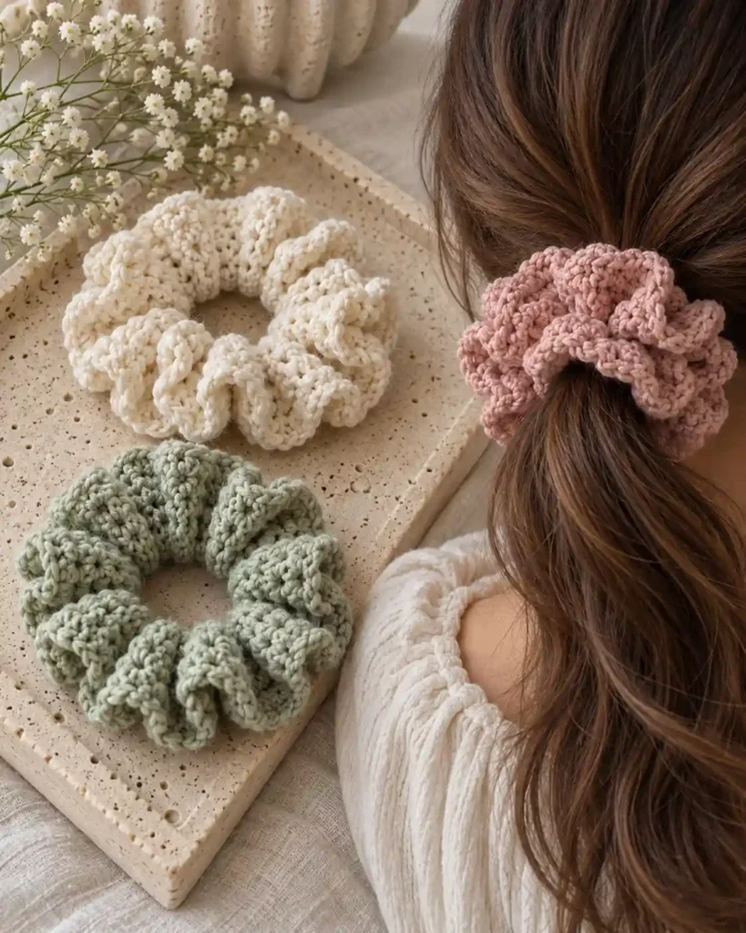 Three ruffled crochet hair scrunchies in blush, cream, and sage on a stone tray.
