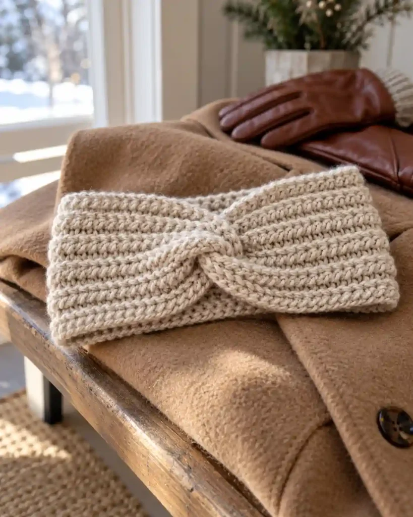 Oatmeal crochet twisted ear warmer showing its ribbed texture and center twist on a coat.