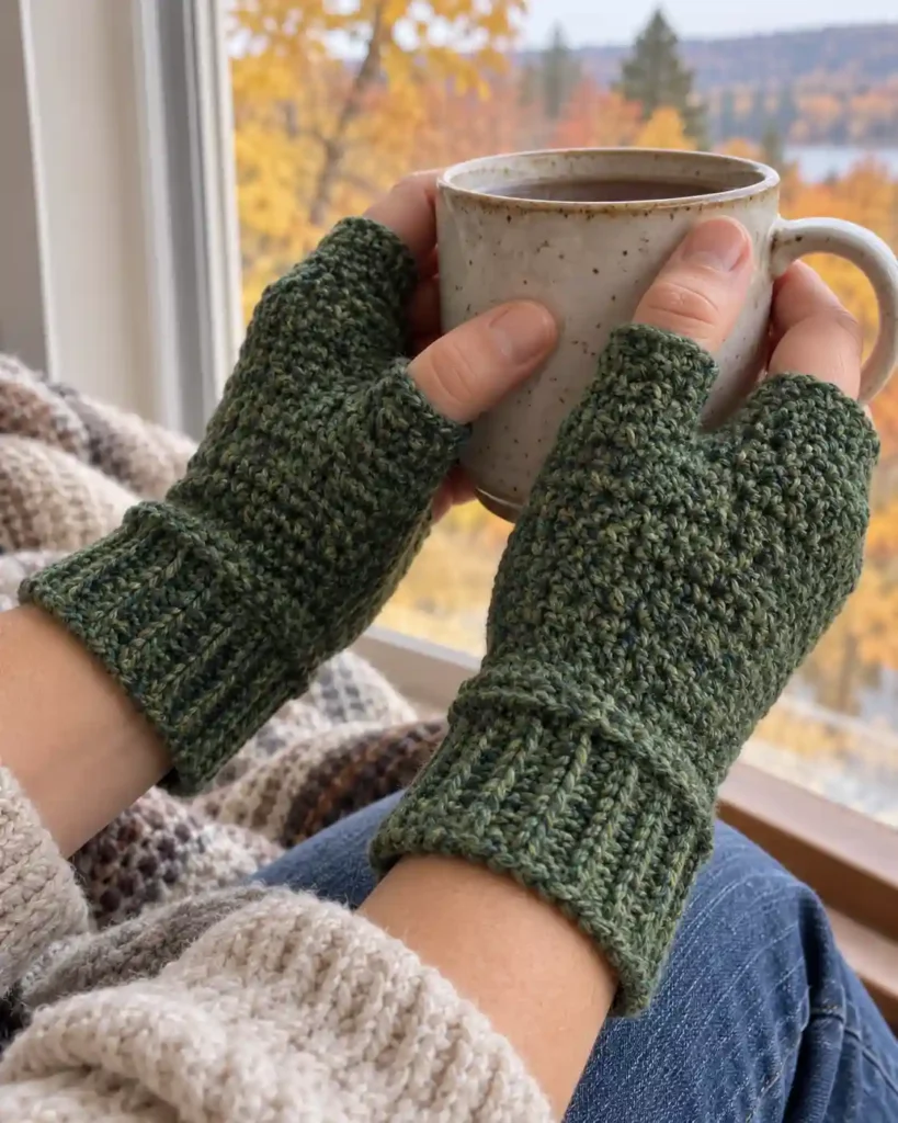 Hands wearing forest green crochet fingerless gloves while holding a ceramic mug.