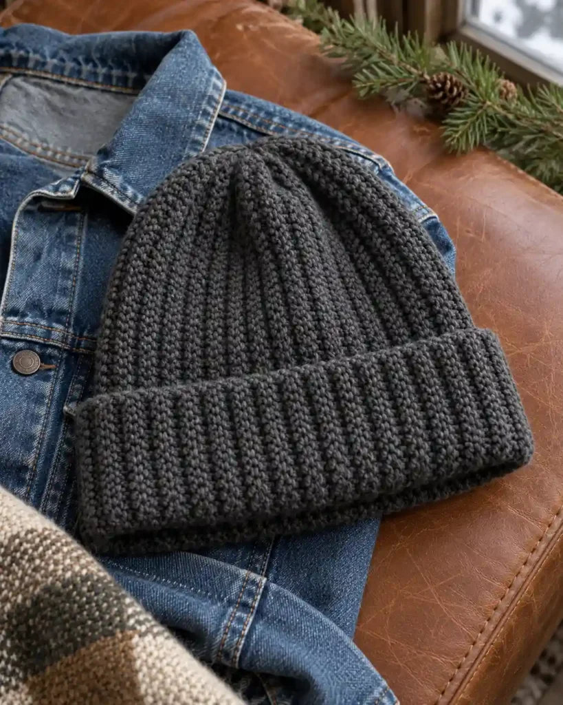 Charcoal ribbed crochet beanie with folded brim lying on a denim jacket.