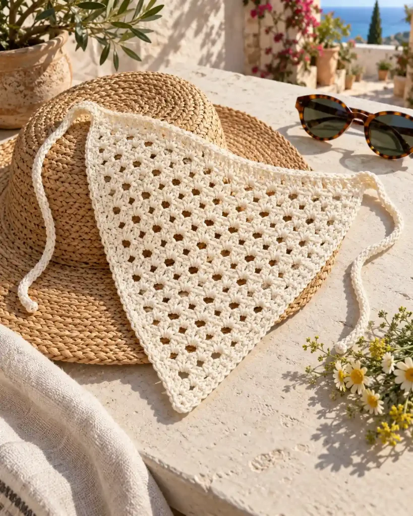 Ivory openwork crochet cotton bandana with ties draped over a straw summer hat.