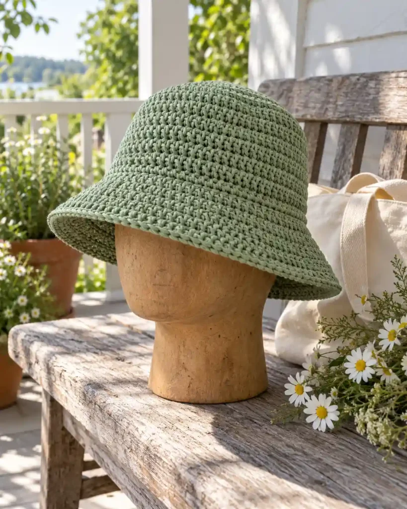 Sage green cotton crochet bucket hat on a wooden hat stand beside a canvas tote.
